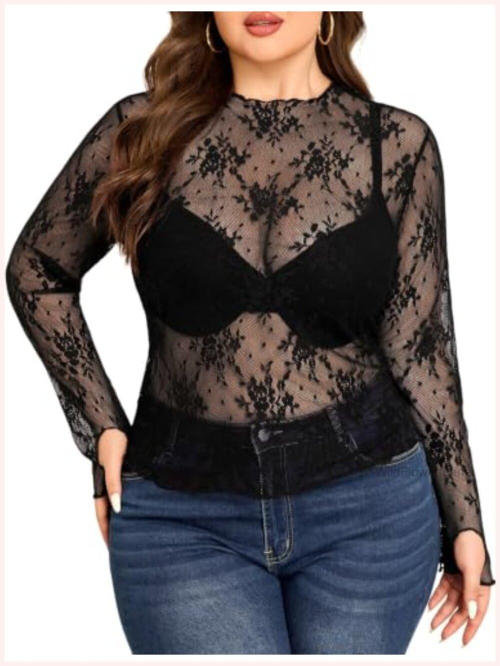 Plus Size Sheer Lace Blouse Mock Neck Thumbhole Sleeves Top